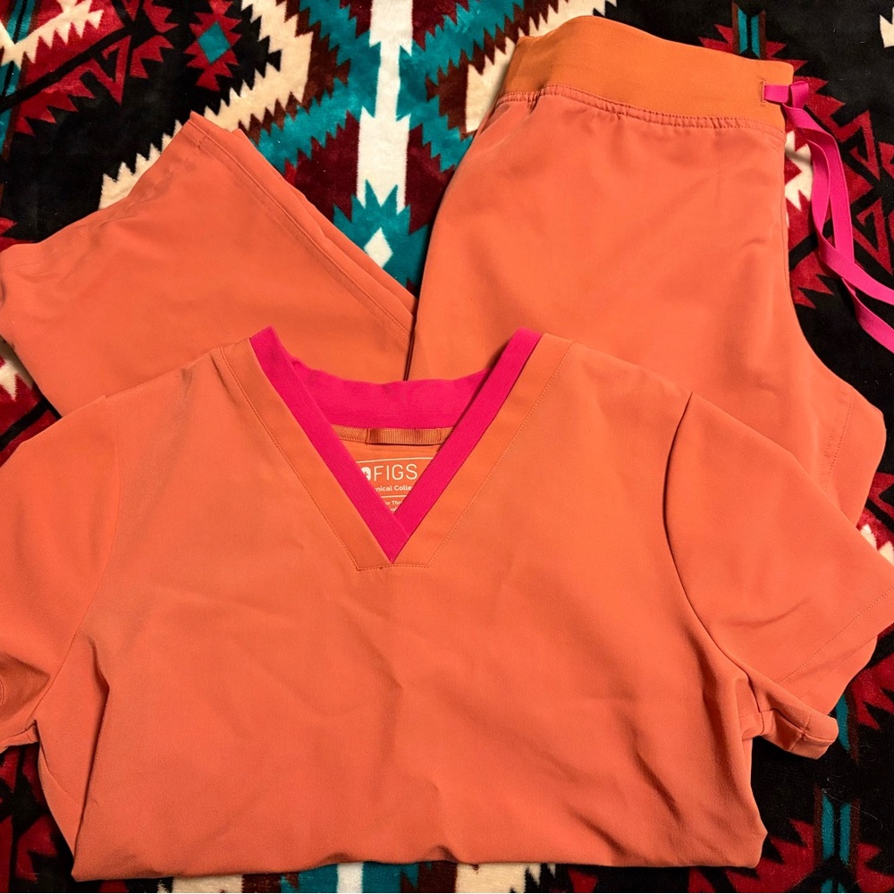 Figs Vibrant Orange Scrub Top with Bold Pink Accents